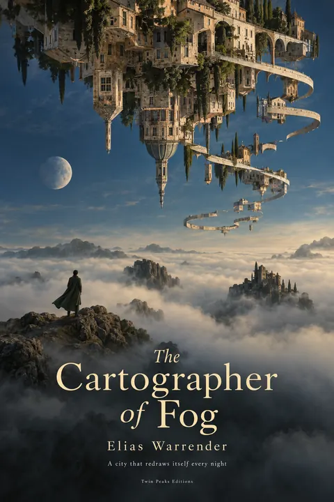 Surrealist style book cover for a fictional fiction: The Cartographer of Fog