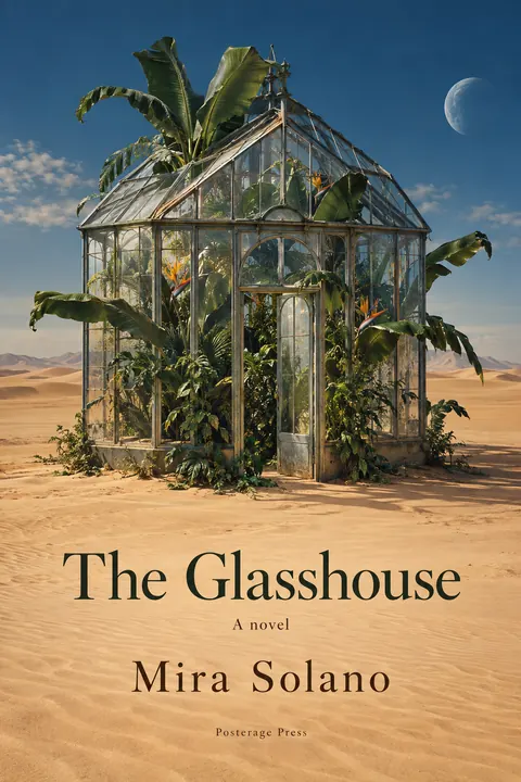 Surrealist style book cover for a fictional fiction: The Glasshouse