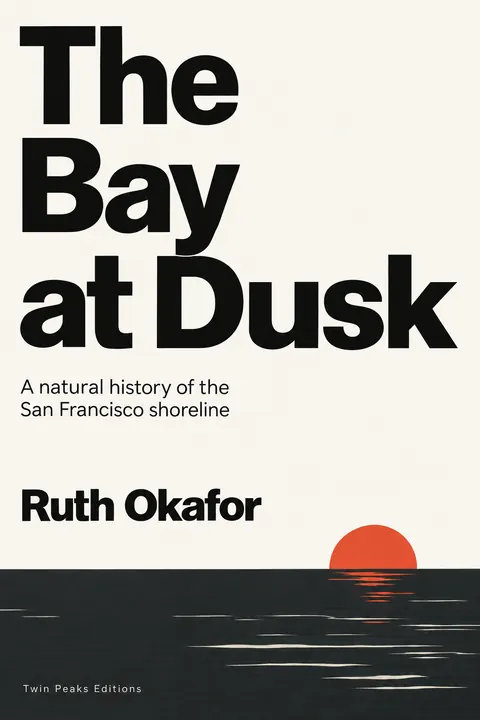Swiss typography style book cover for a fictional nonfiction: The Bay at Dusk