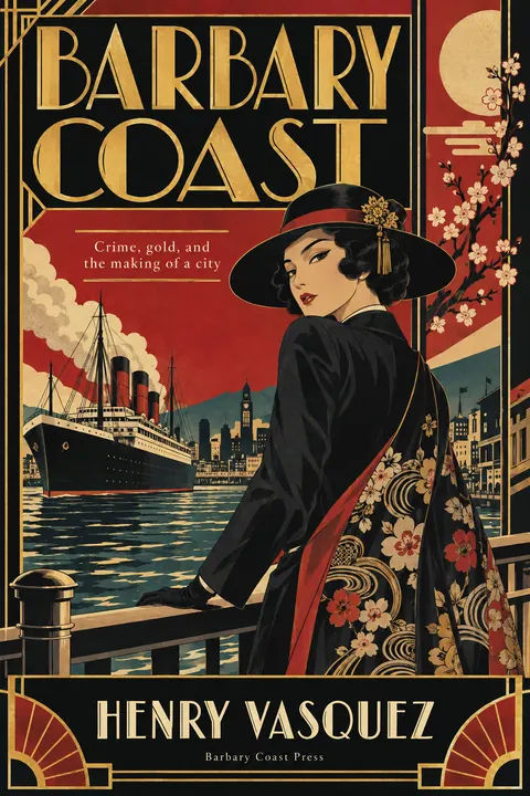 Taisho Modern / Japanese 1920s style book cover for a fictional nonfiction: Barbary Coast