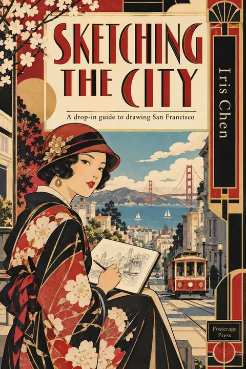 Taisho Modern / Japanese 1920s style book cover for a fictional nonfiction: Sketching the City