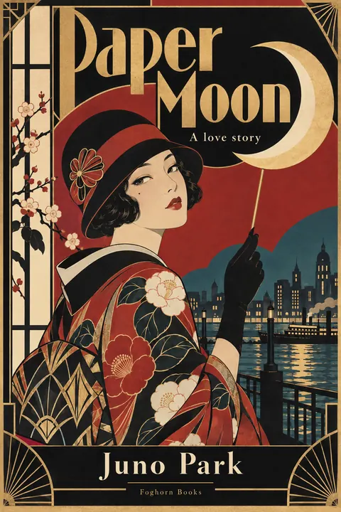 Taisho Modern / Japanese 1920s style book cover for a fictional fiction: Paper Moon
