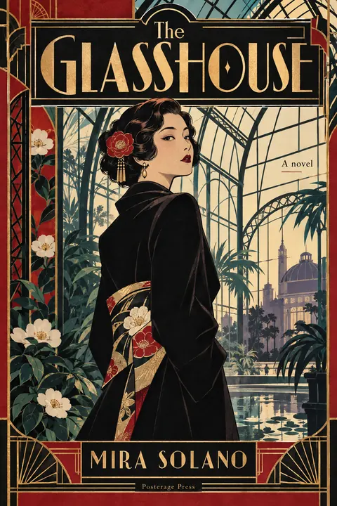 Taisho Modern / Japanese 1920s style book cover for a fictional fiction: The Glasshouse