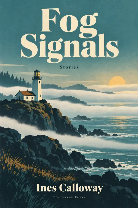 Vintage travel style book cover for a fictional fiction: Fog Signals