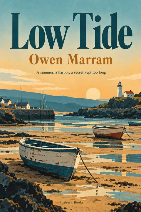 Vintage travel style book cover for a fictional fiction: Low Tide