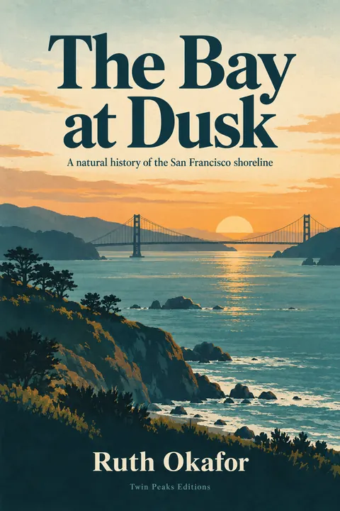 Vintage travel style book cover for a fictional nonfiction: The Bay at Dusk