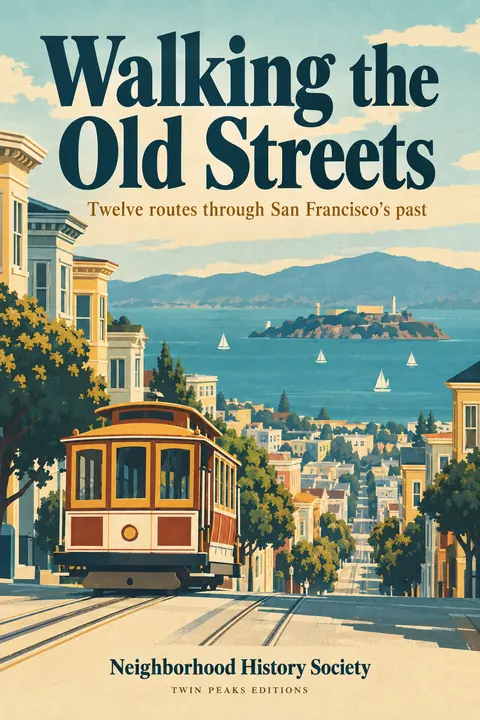 Vintage travel style book cover for a fictional nonfiction: Walking the Old Streets
