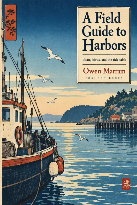 Ukiyo-e / Japanese Woodblock style book cover for a fictional nonfiction: A Field Guide to Harbors