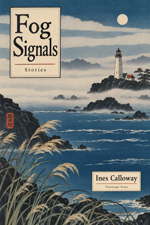 Ukiyo-e / Japanese Woodblock style book cover for a fictional fiction: Fog Signals
