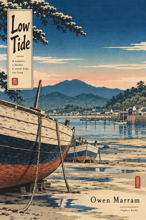 Ukiyo-e / Japanese Woodblock style book cover for a fictional fiction: Low Tide
