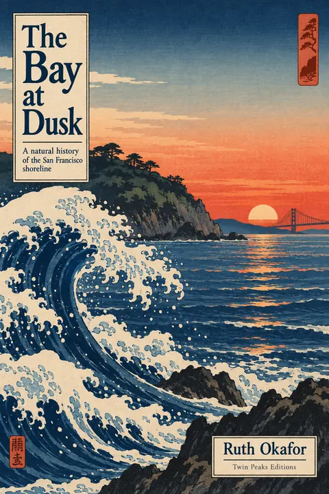 Ukiyo-e / Japanese Woodblock style book cover for a fictional nonfiction: The Bay at Dusk