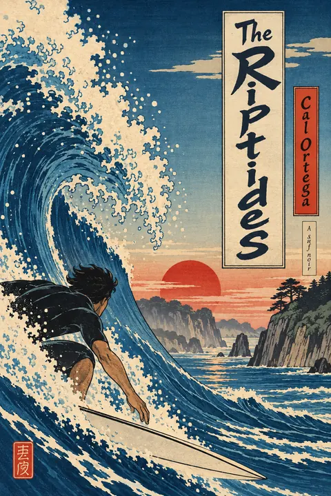 Ukiyo-e / Japanese Woodblock style book cover for a fictional fiction: The Riptides