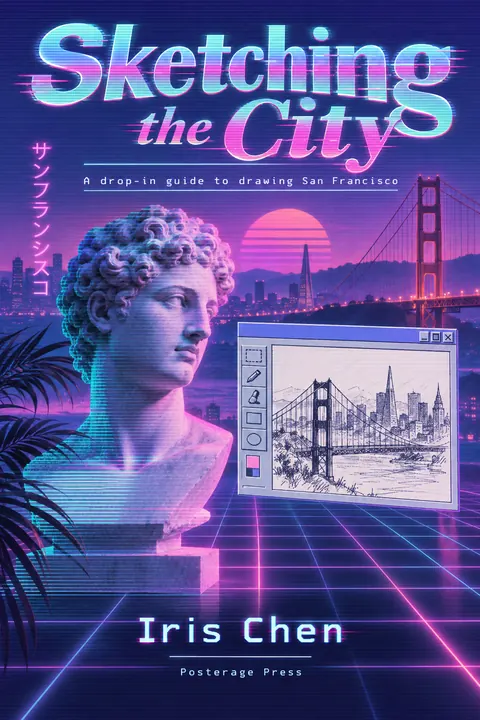 Vaporwave style book cover for a fictional nonfiction: Sketching the City