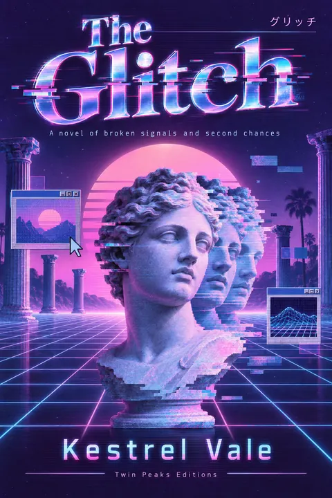 Vaporwave style book cover for a fictional fiction: The Glitch