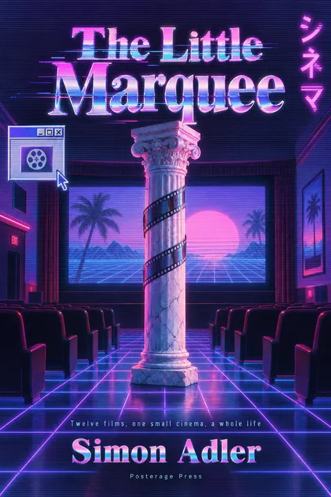 Vaporwave style book cover for a fictional fiction: The Little Marquee