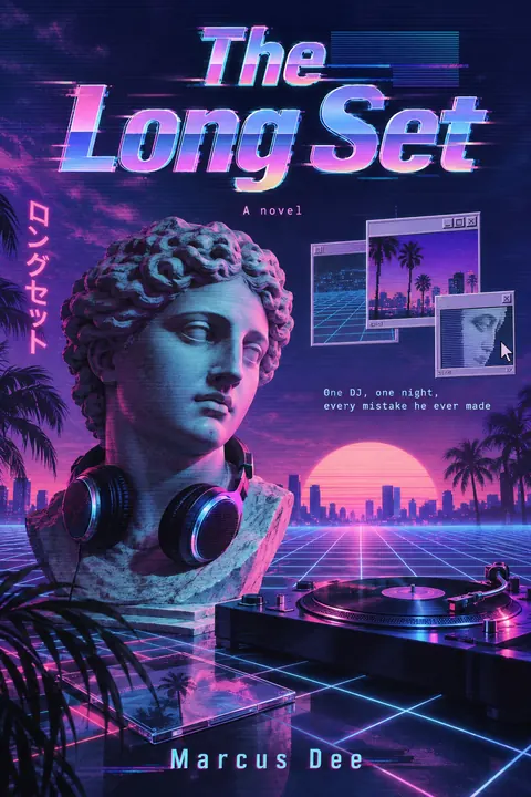 Vaporwave style book cover for a fictional fiction: The Long Set