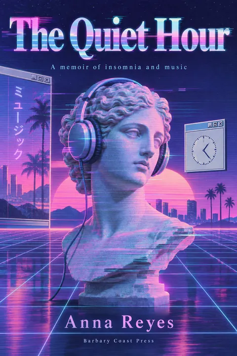 Vaporwave style book cover for a fictional nonfiction: The Quiet Hour