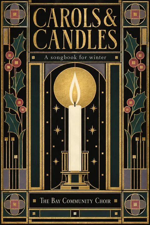 Vienna Secession style book cover for a fictional nonfiction: Carols & Candles