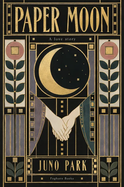 Vienna Secession style book cover for a fictional fiction: Paper Moon