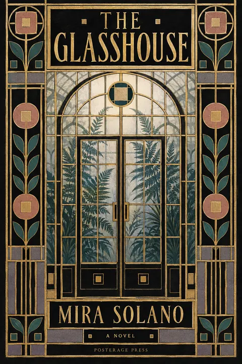 Vienna Secession style book cover for a fictional fiction: The Glasshouse