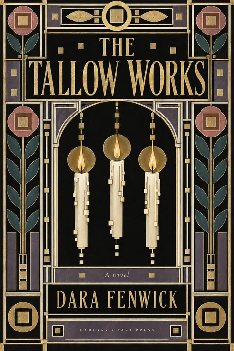 Vienna Secession style book cover for a fictional fiction: The Tallow Works