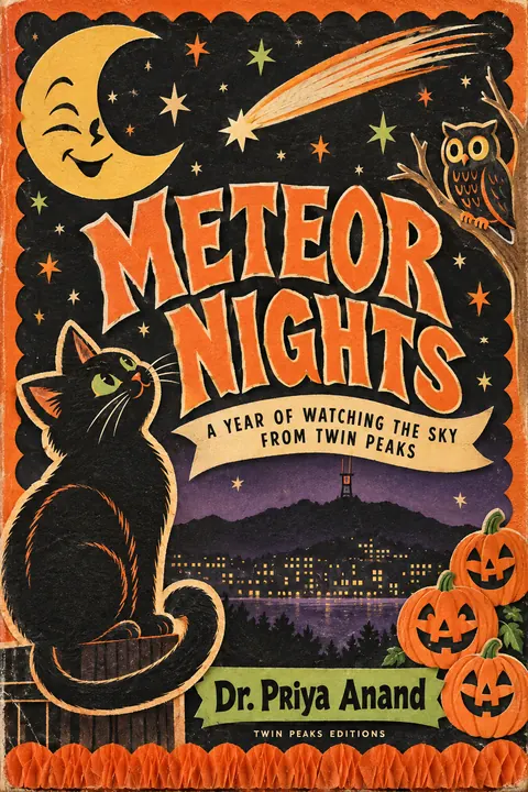 Vintage Halloween style book cover for a fictional nonfiction: Meteor Nights