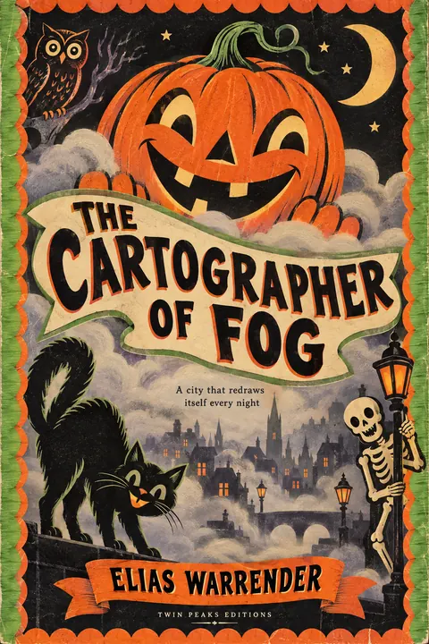 Vintage Halloween style book cover for a fictional fiction: The Cartographer of Fog