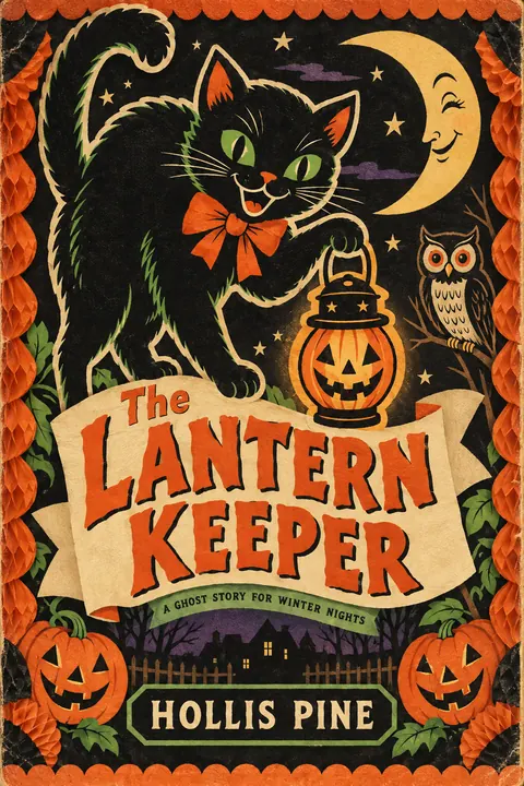 Vintage Halloween style book cover for a fictional fiction: The Lantern Keeper