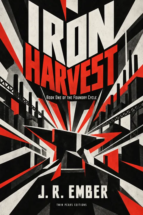 Vorticism style book cover for a fictional fiction: Iron Harvest