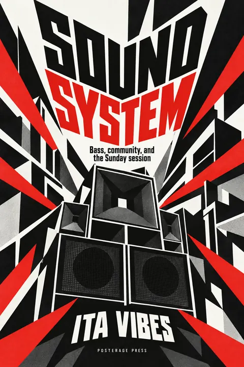 Vorticism style book cover for a fictional nonfiction: Sound System