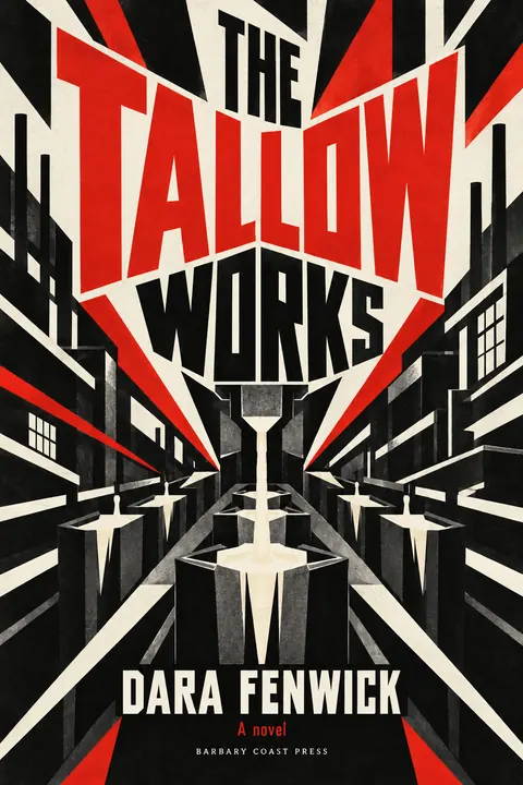 Vorticism style book cover for a fictional fiction: The Tallow Works