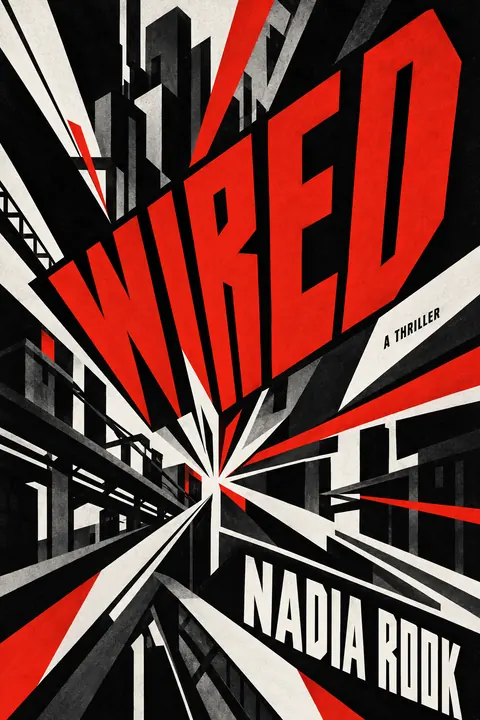 Vorticism style book cover for a fictional fiction: Wired