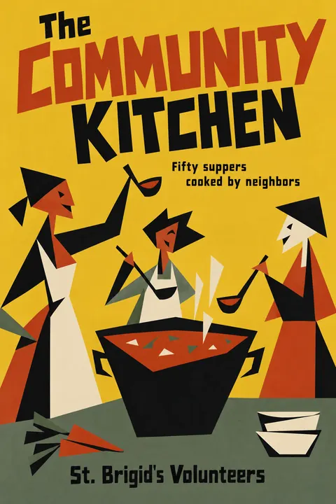 Zagreb School Animation style book cover for a fictional nonfiction: The Community Kitchen