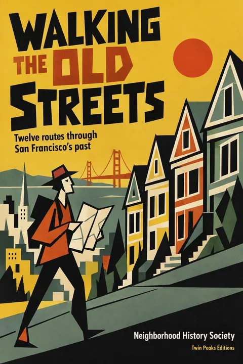 Zagreb School Animation style book cover for a fictional nonfiction: Walking the Old Streets