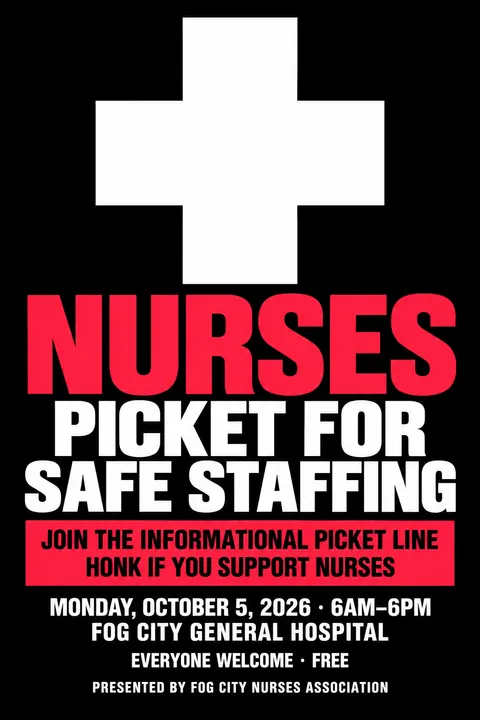ACT UP / AIDS Crisis Activism style event poster for a fictional protest: Nurses Picket for Safe Staffing
