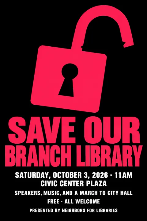 ACT UP / AIDS Crisis Activism style poster for a fictional event called Save Our Branch Library