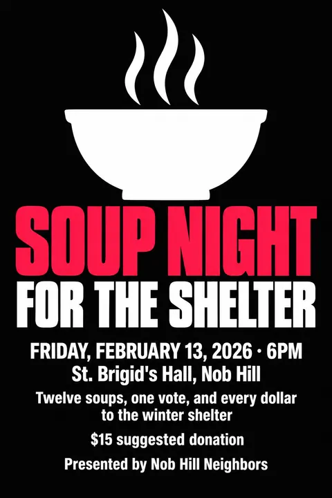ACT UP / AIDS Crisis Activism style event poster for a fictional fundraiser: Soup Night for the Shelter