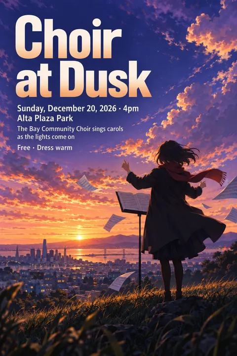 Anime style event poster for a fictional music: Choir at Dusk