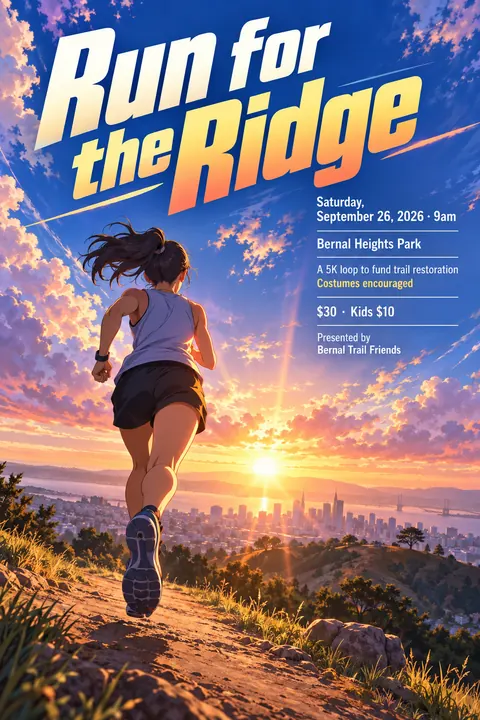 Anime style event poster for a fictional fundraiser: Run for the Ridge