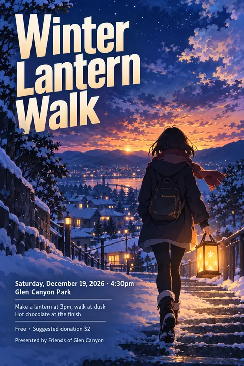 Anime style event poster for a fictional community: Winter Lantern Walk
