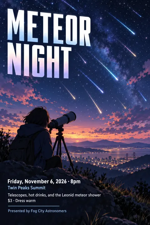 Anime style event poster for a fictional community: Meteor Night