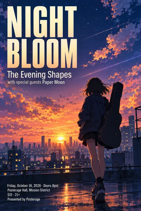 Anime style event poster for a fictional music: Night Bloom