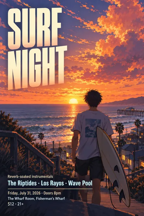 Anime style event poster for a fictional music: Surf Night