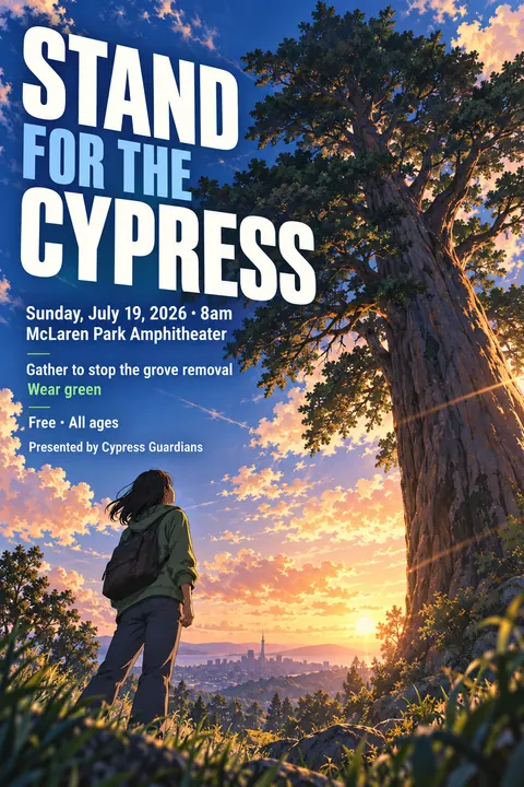 Anime style event poster for a fictional protest: Stand for the Cypress