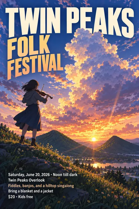Anime style event poster for a fictional festival: Twin Peaks Folk Festival