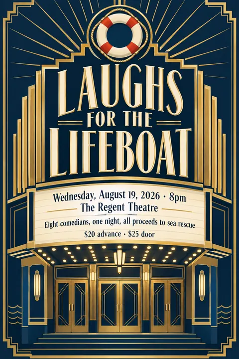 Art Deco style event poster for a fictional fundraiser: Laughs for the Lifeboat