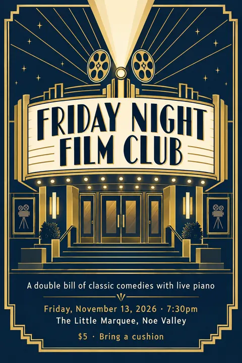 Art Deco style event poster for a fictional community: Friday Night Film Club