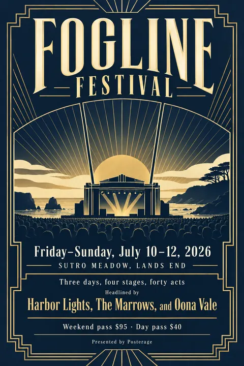Art Deco style event poster for a fictional festival: Fogline Festival