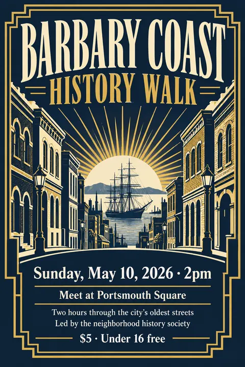 Art Deco style poster for a fictional event called Barbary Coast History Walk