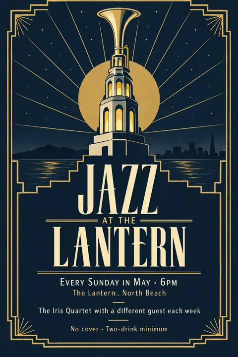 Art Deco style poster for a fictional event called Jazz at the Lantern